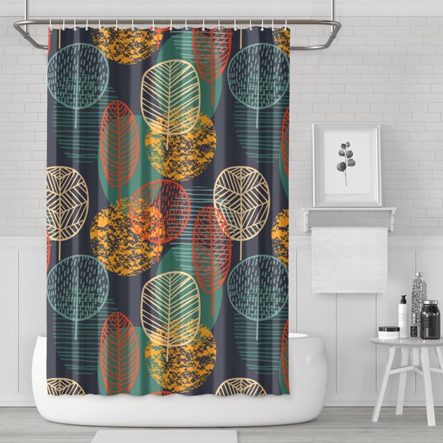 Rideaux de Douche Réutilisables Art Abstrait Rétro Floral Botanique (2), Doublure de Rideau de Douche Décorative en Polyester, Ensemble de Rideaux de Douche avec Encliquetage, 72x72 Pouces