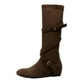 thumbnail image 6 of Strappy Knee High Boots Women Suede Round Toe Hidden Wedge Low Heel Mid Calf Booties Fall Winter Casual Pull on Stretch Long Boots Brown 4.5, 6 of 6
