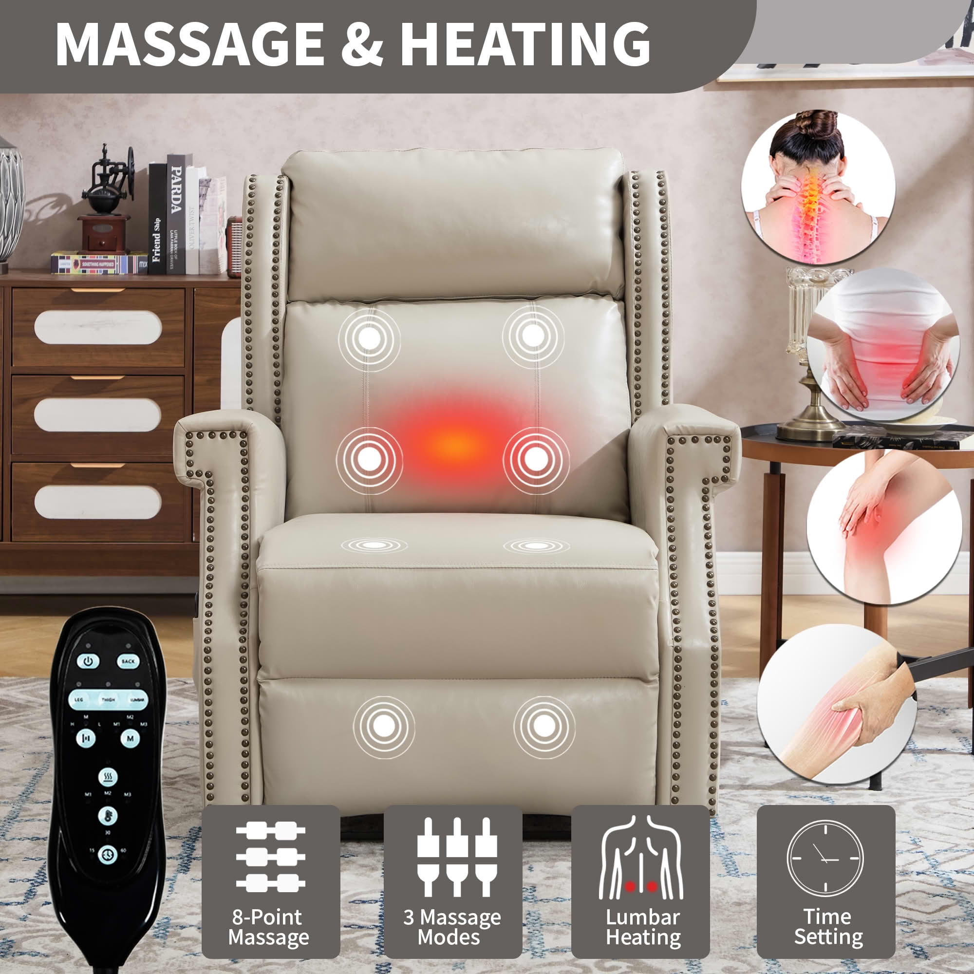 MAYEERTY Beige Faux Leather Manual Recliner Chair, 8 Nodes Massage Heat 155° 35"x38"x40" for Living Room