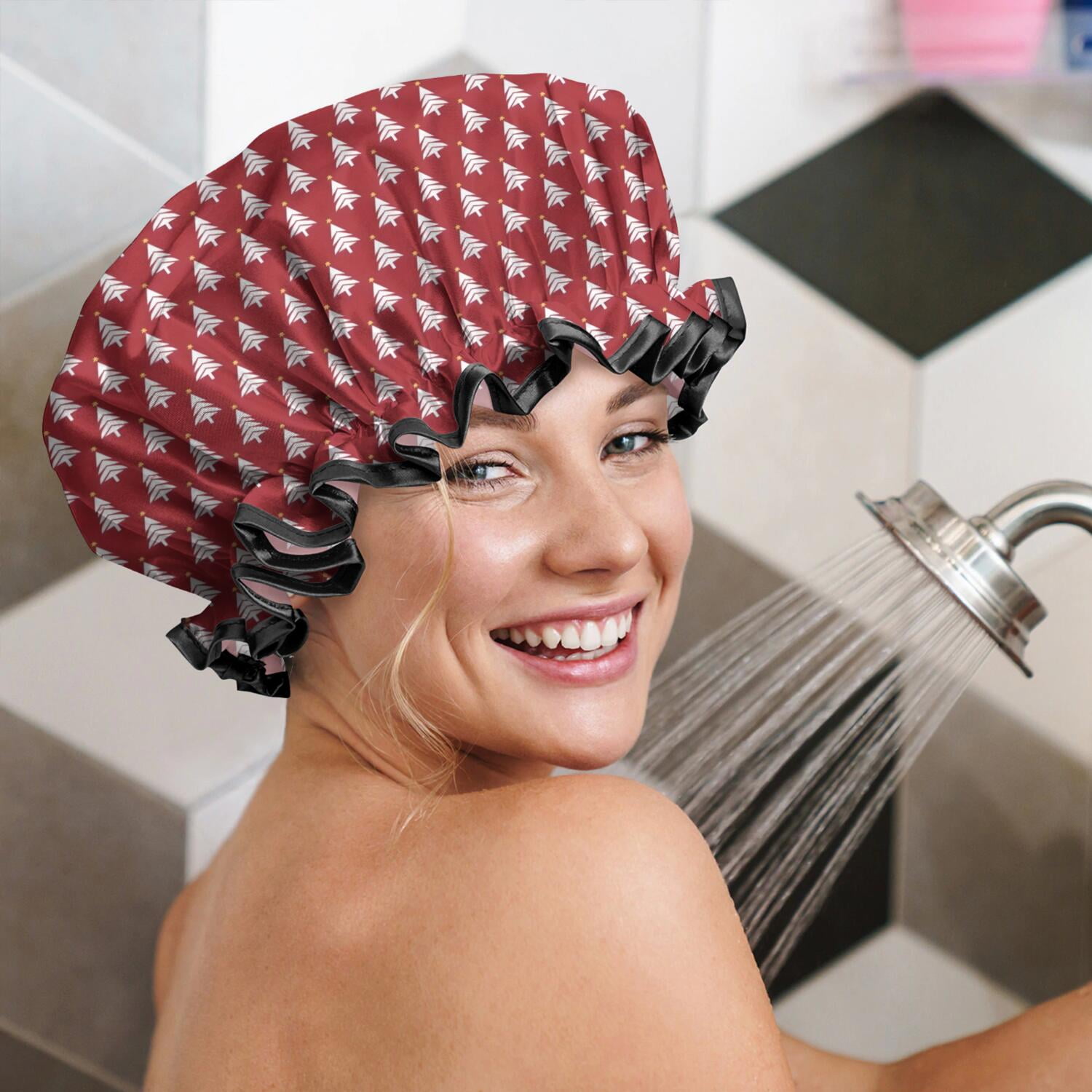 Shower Caps,Red Christmas Tree Pattern Waterproof Shower Cap for Women 4 Pieces,Double Reusable Hair Cover for Shower PEVA Elastic Stretch Hem