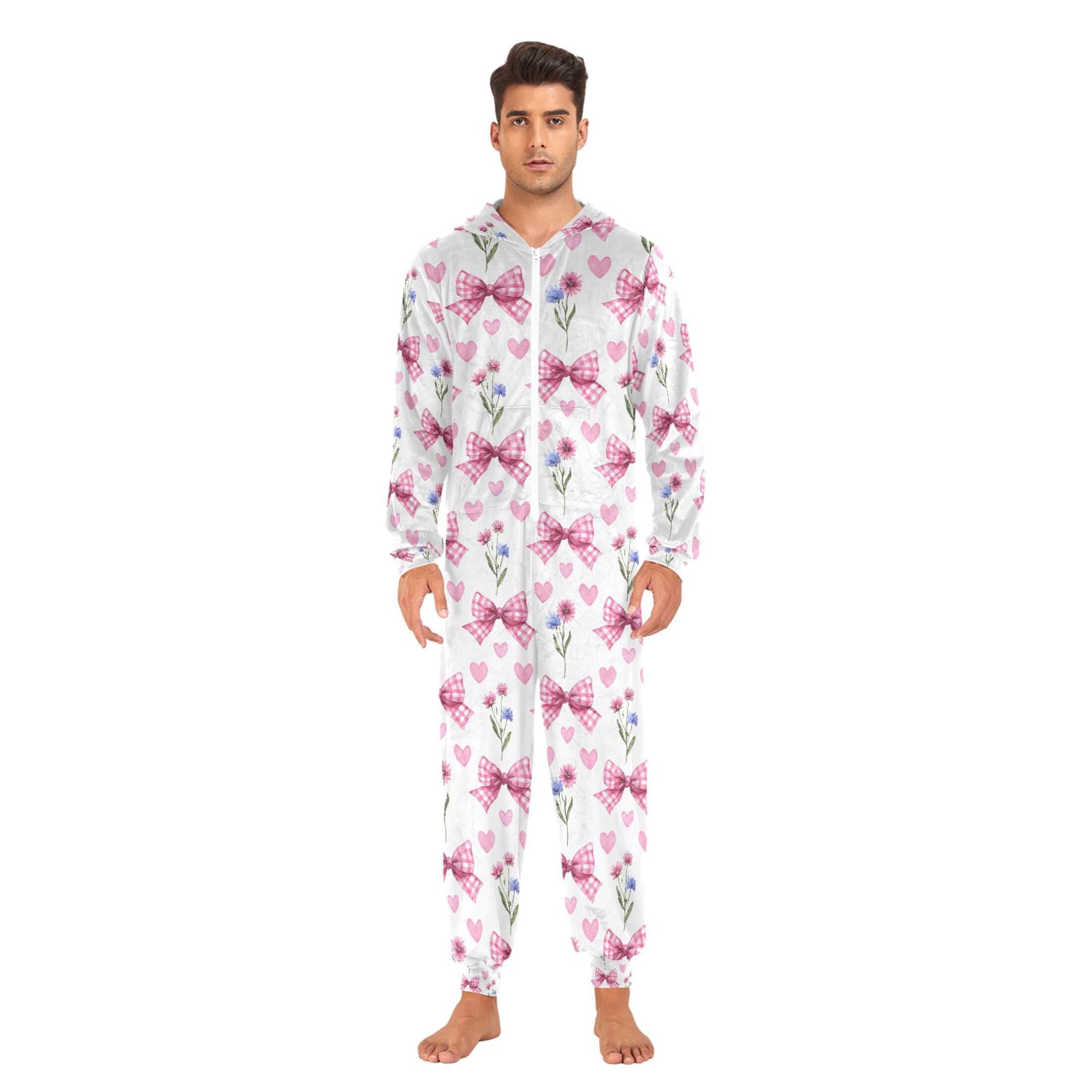 Adult Christmas Onesie Plaid Bow Heart Flower Adult Zipper One-Piece Pajamas Unisex Pajamas with Pockets