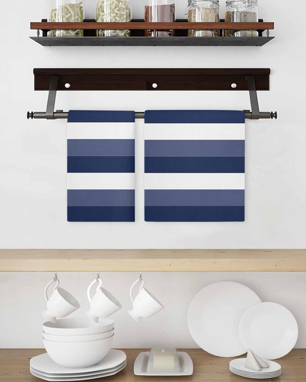 Navy Blue White Striped Hand Towels Set, Waffle Weave Kitchen Towels 4 Pieces, Farmhouse Stripes Microfiber Hair Face Bath Tea Towel Absorbent Quick Drying Cleaning Dish Cloths, 15.7"x23.6"