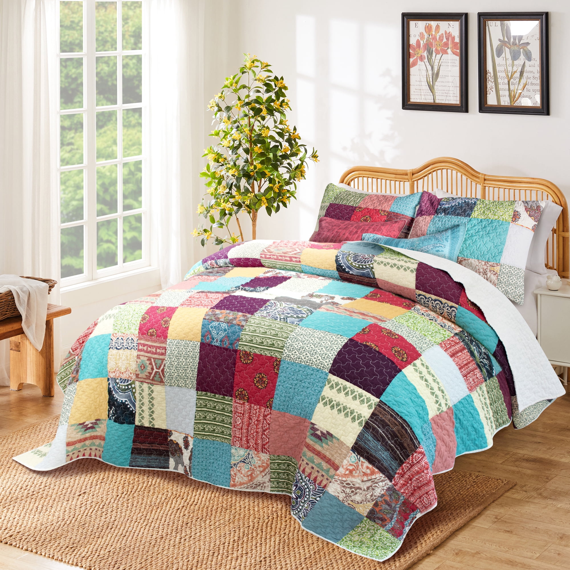 Greenland Home Fashions Renee Upcycle Remnant Fabric Authentic Patchwork Quilt Set, 3-Piece King