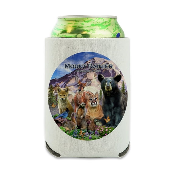 Mount Rainier National Park Washington WA Animals Bear Fox Cougar Deer Wolf Can Cooler - Drink Sleeve Hugger Collapsible Insulator - Beverage Insulated Holder