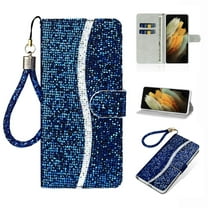 Glitter Wallet Case for Samsung Galaxy S21 FE, Sparkle Bling PU Leather Wrist Strap Soft TPU Shockproof Flip Cover with Kickstand Magnetic Clasp Card Slots Shining Case for Women Girls,Blue