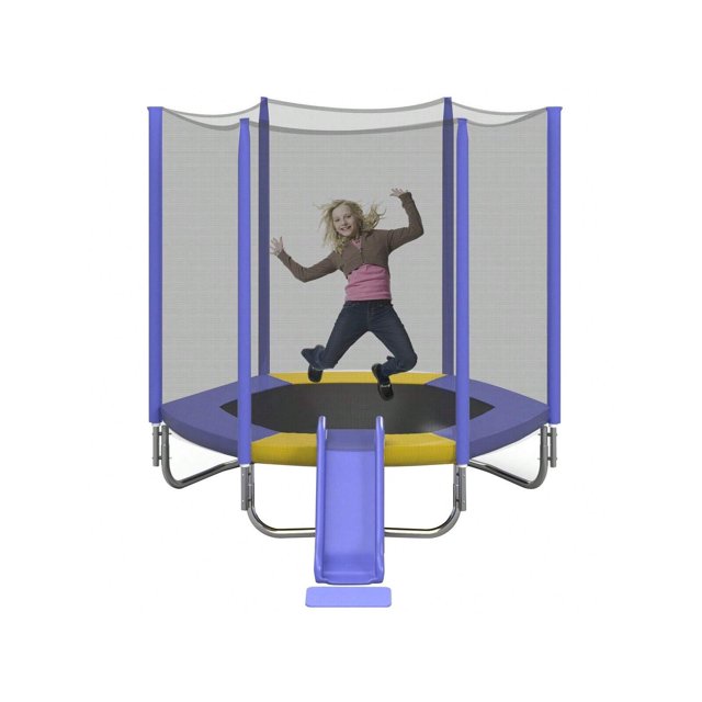 7FT Trampoline With Safety Enclosure Net, Slide And Ladder, Easy Assembly Round Outdoor Recreational Trampoline