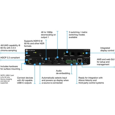 Atlona - Omega Series 3 x 2 Matrix Switcher for HDMI and USB-C - Black