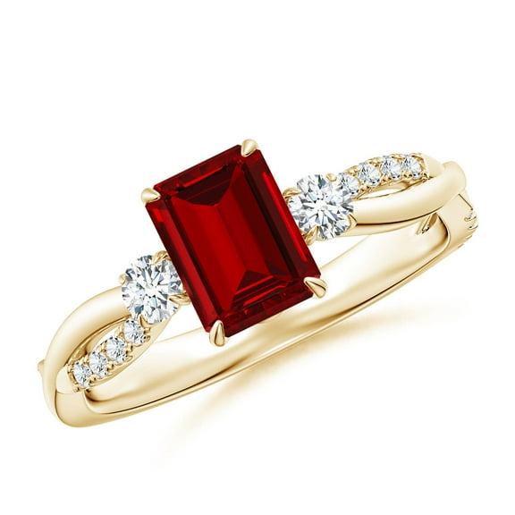 ANGARA Lab Grown 1 Ct Three Stone Emerald-Cut Ruby & Diamond Engagement Ring for Women in 14K Yellow Gold (Size-7x5mm) | July Birthstone, Anniversary, Jewelry Gift for Women | Lab-Grown Ruby Ring