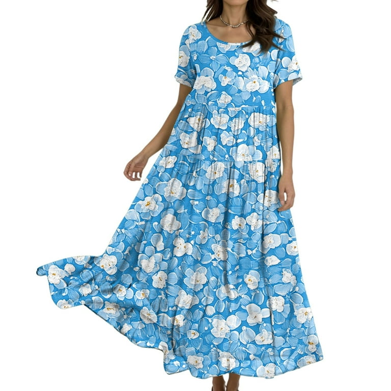 WTOBBY Women Casual Loose Bohemian Floral Short Sleeve Long Maxi Summer  Beach Swing Dress for Outdoor Activities and Relaxed Style,Hot Pink L