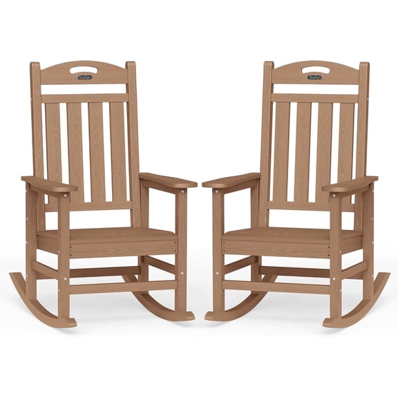 SUUNYN Set of 2 Outdoor Rocking Chairs, HDPE All-Weather Patio Rockers with High Back, 380lbs Heavy Duty, Brown