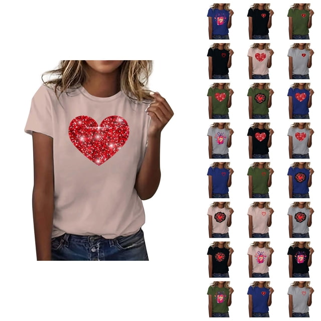 T-shirts de la Saint-Valentin pour Femmes 2026 Mode Manches Courtes Col Rond Cœur Graphique