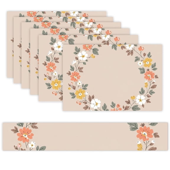 7 Piece Linen Table Runner and Placemats Set, Floral Wreath Design Round Corner Heat Resistant Washable Table Mats for Home Kitchen Dining Party Decoration