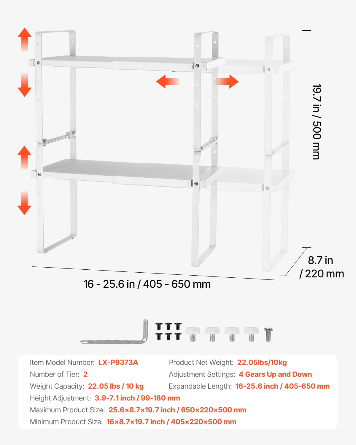 VEVOR Adjustable Kitchen Cabinet Shelf Organizer, Expandable 2 Tier Cabinet Shelf, Stackable Countertop Organizers and Storage Shelf Risers, Pantry Organizers for Kitchen Bathroom Office, White