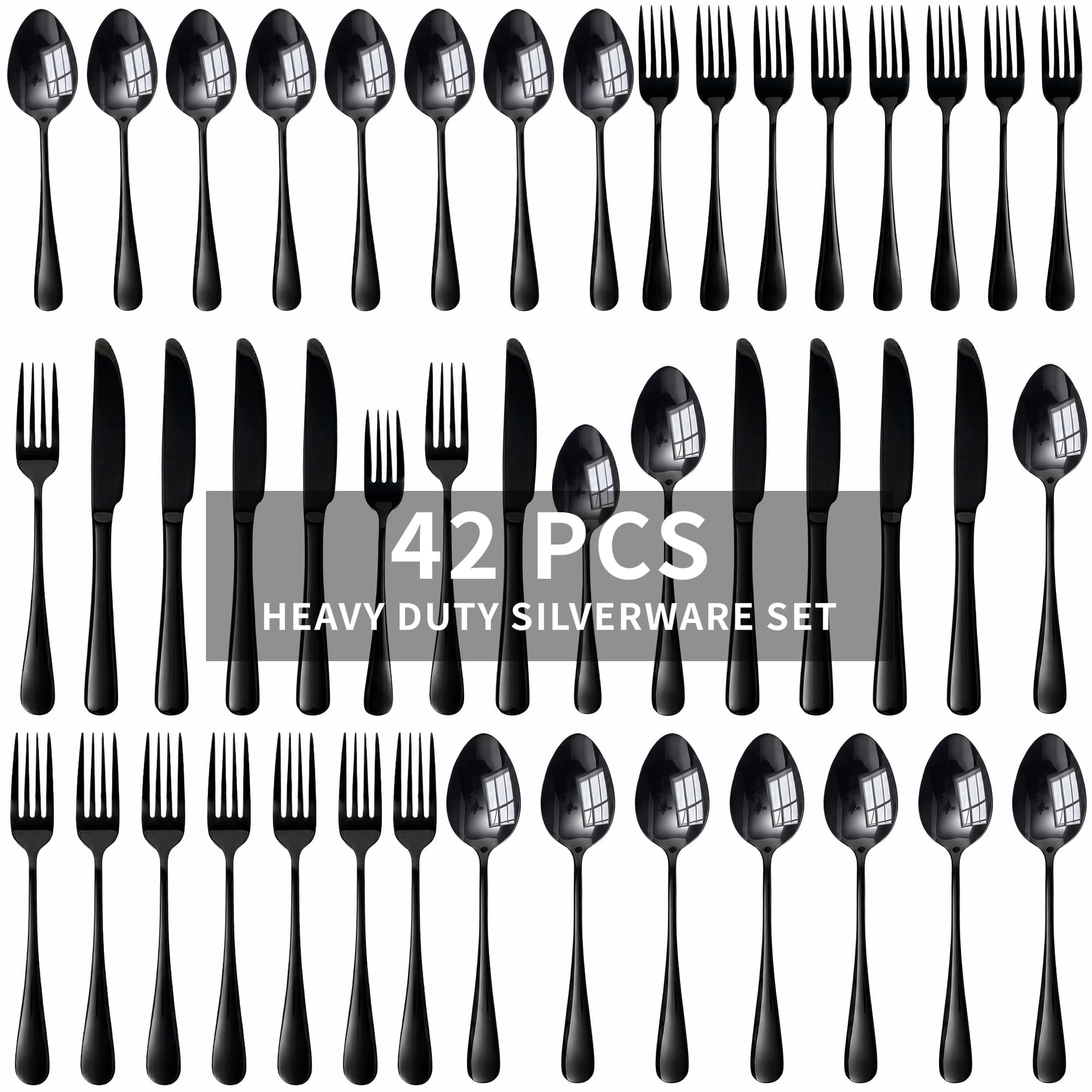 Kikcoin 42 Pcs Silverware Set for 8, Stainless Steel Flatware Set, Mirror-Polished Spoons, Forks and Knife Set, Cutlery Utensils Set for Kitchen, Wedding and Restaurant, Black