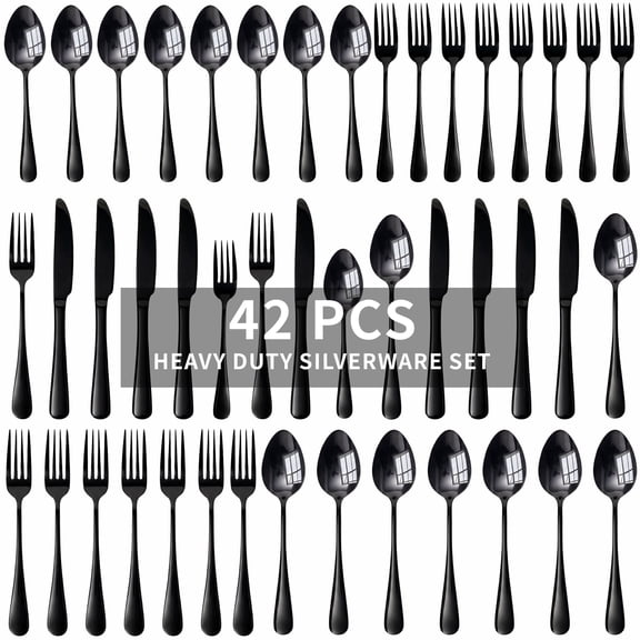 Kikcoin 42 Pcs Silverware Set for 8, Stainless Steel Flatware Set, Mirror-Polished Spoons, Forks and Knife Set, Cutlery Utensils Set for Kitchen, Wedding and Restaurant, Black