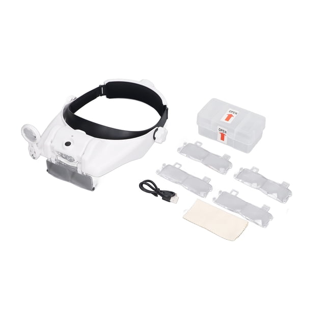 Lupa de cabeza recargable con LED y 4 lentes para reparación de lectura