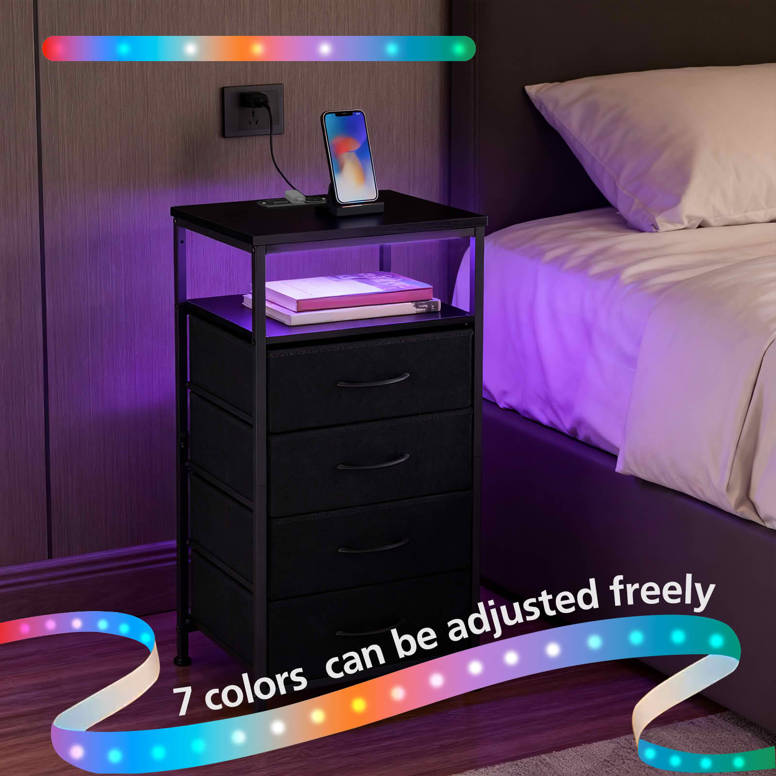 MAYEERTY Nightstand with Charging Station, 4 Fabric Drawers USB/Type-C Ports Outlets, Bedroom End Table，Black