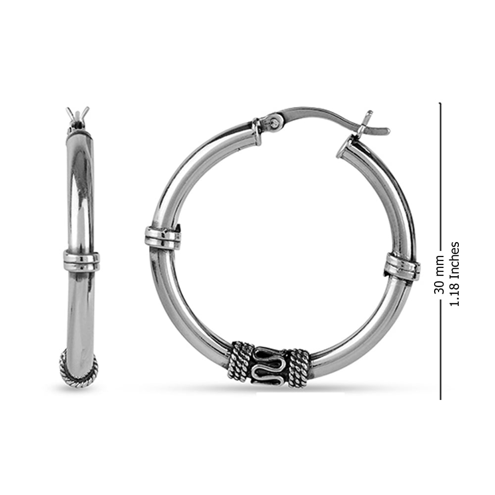 LeCalla 925 Sterling Silver Jewelry Oxidized Light-Weight Bali Hoop Click-Top Earrings for Women and Teen 30MM