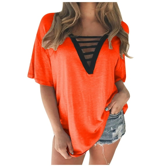 HONHUZH T Shirts,Women's Casual Solid Color Pullover V-Neck Sexy Short Sleeve Top