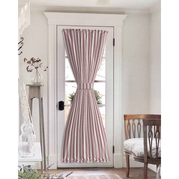 Red Striped Blackout Door Curtains for French, Glass,Front, Back, Patio Door, Red White Stripes Farmhouse Thermal Insulated Rod Pocket Window Curtain Drapes With Tiebacks 25"x72"