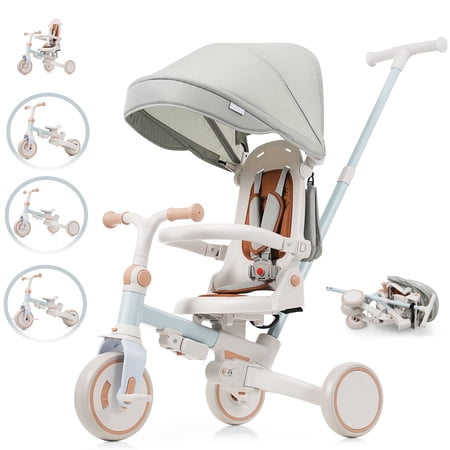 POVANLI 7 in 1 Baby Tricycle Foldable Toddler Tricycle w/Removable and Adjustable Parent Handle,Toddler Push Bike with Removable Pedal,Canopy and Guardrail,Tricycle for 12-72 Months