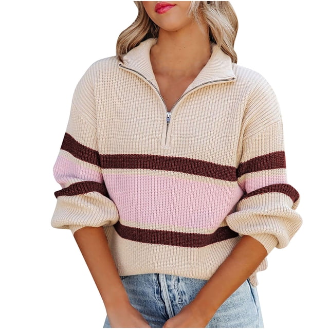 Hot6sl Women's Fashion Sleeves Round Neck Color Matching Loose Tops Blouse Knitted Sweater