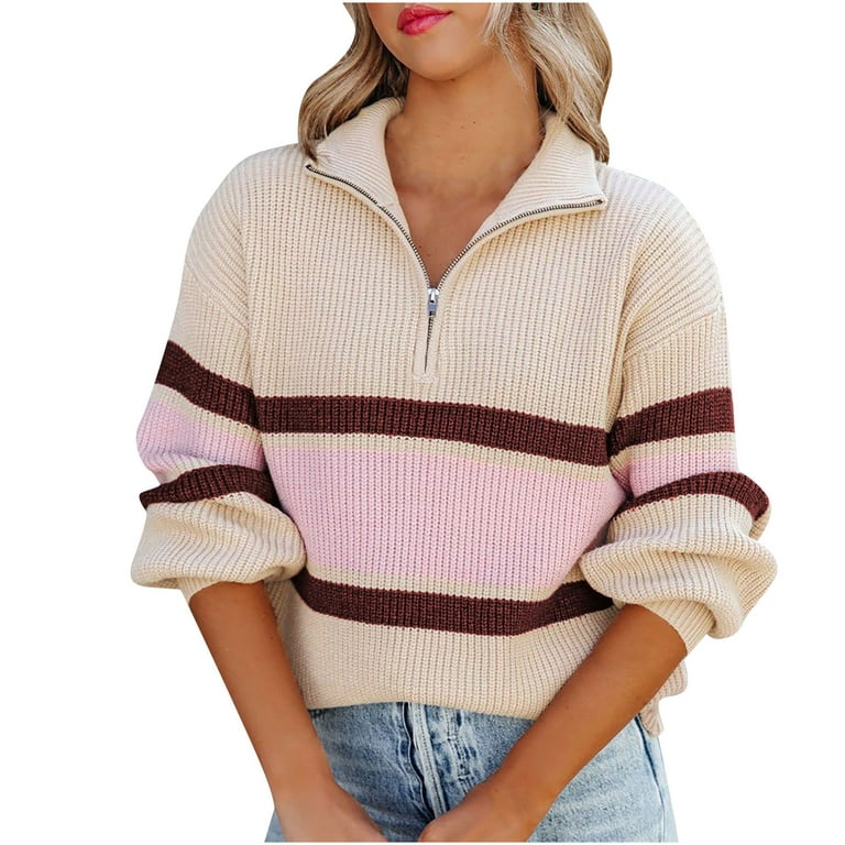cllios 1/4 Zip Mock Neck Sweaters for Women Long Sleeve Knit Top Striped  Sweater Dressy Casual Tunic Pullover Jumper Fall Sweaters for Women 2022