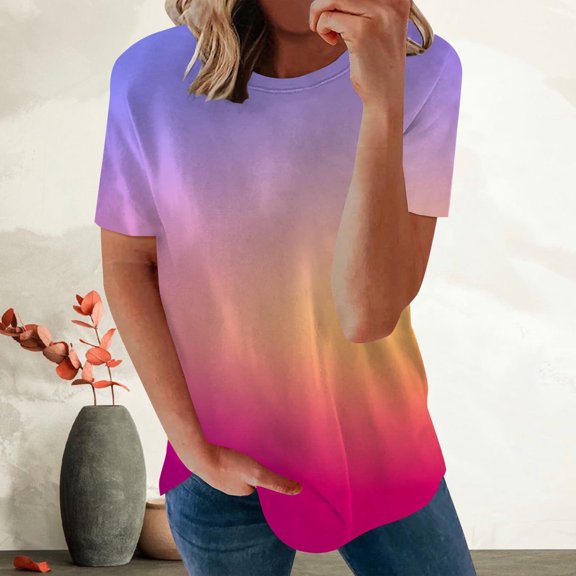 NSLGXD T-shrits for Women Summer V Neck Short Sleeve Blouses Fashion Gradient Graphic Tees Classic Holiday Tshirts Plus Size S-5XL Purple Blouses