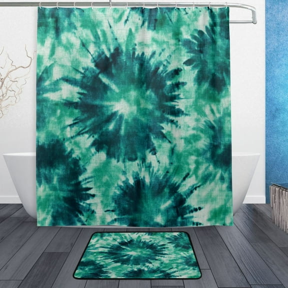 Bath Curtain & Non-Slip Bath Mat Set 12-Grommet Shower Curtain Memory Foam Bath Rug Dark Teal Tie-dye Pattern