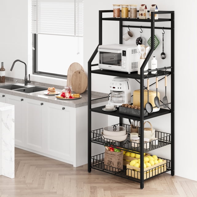 5 Tier Kitchen Baker’s Rack, Kitchen Storage Rack Metal Frame, Microwave Oven Stand w/7 s Hooks, 2 Metal Wire Panel