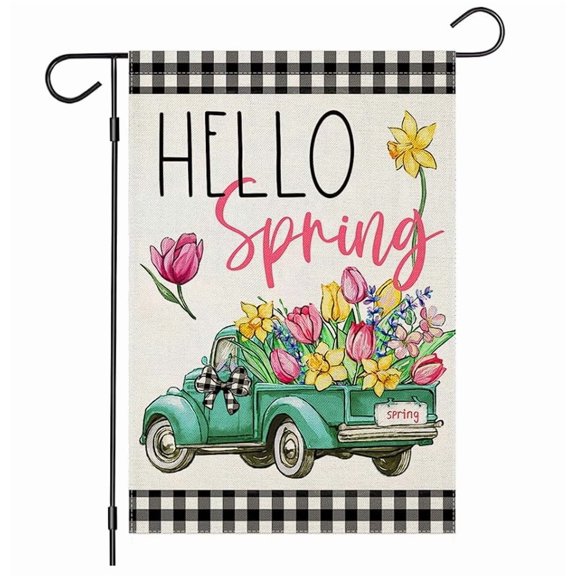 JASGARDE Hello Spring Garden Flags for Outside, Buffalo Plaid Truck with Flowers Yard Decoration, Small Seasonal Summer Outdoor Decor for Farmhouse Holiday,12x18 Inch Double Sided