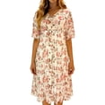 thumbnail image 1 of Vestido Impreso Plisado de Gasa con Cuello en V de las Mujeres, Casual de Manga Corta de Moda, Ligero Suave Y Fluido para Uso Diario, Fiestas, Vacaciones, 1 of 7