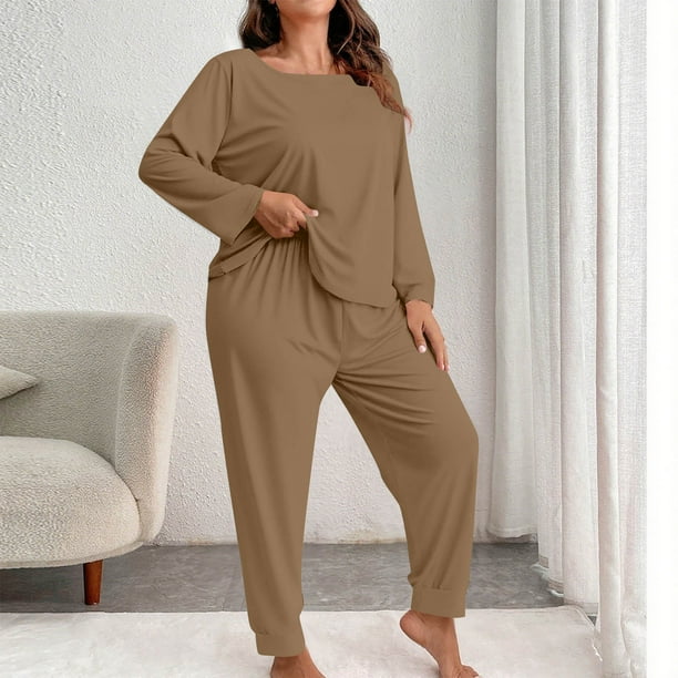 Pincandy Women's Plus Size Pajama Set - Crew Neck Long Sleeve Top & Pants, Casual & Comfortable for Homewear