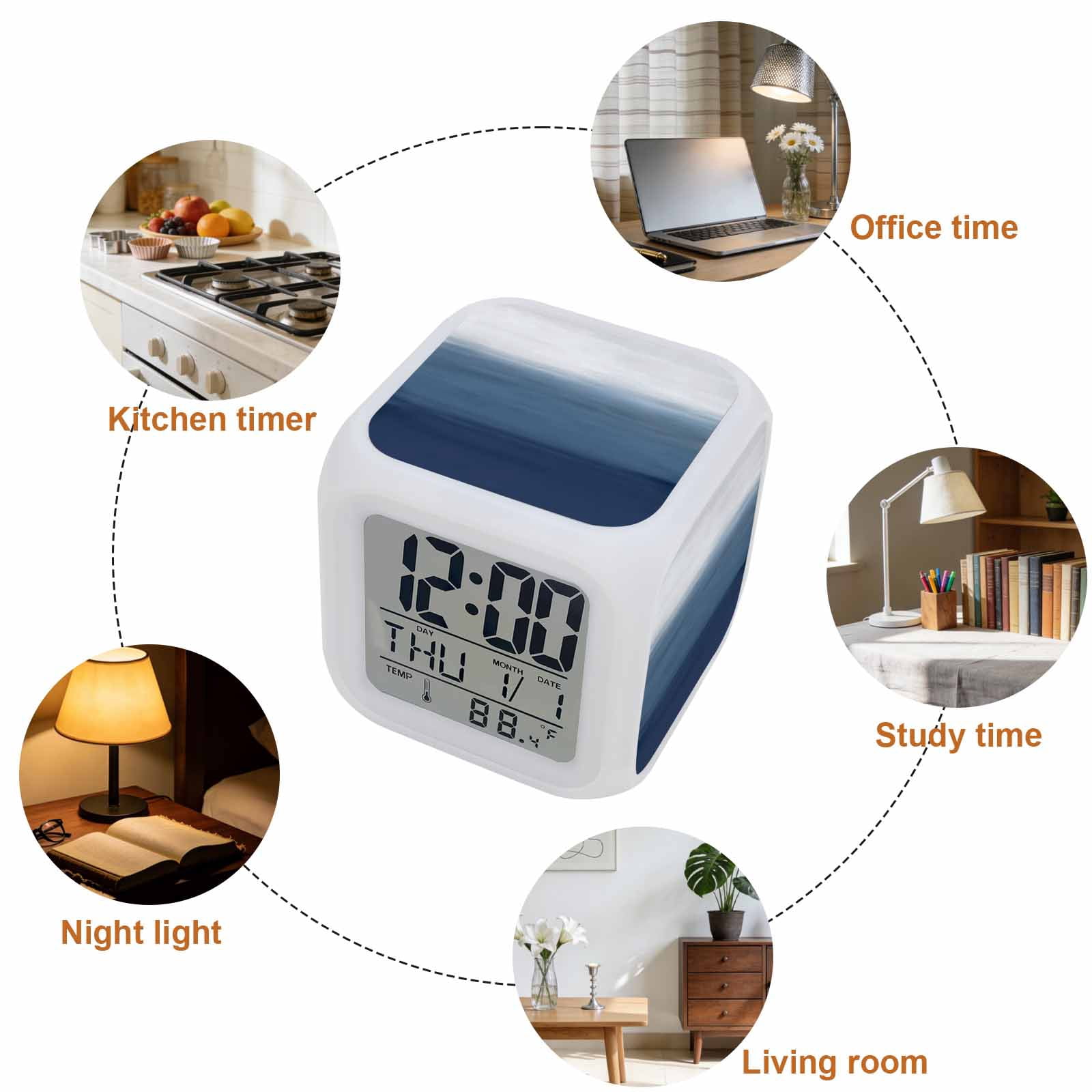 Alarm Clocks Navy Blue Digital Clock 7 Color LED Night Light Silent Non-Ticking Battery Operated Gradient Pure Color Cube Clocks Decorative for Bedroom Bedside Living Room Office School Decor