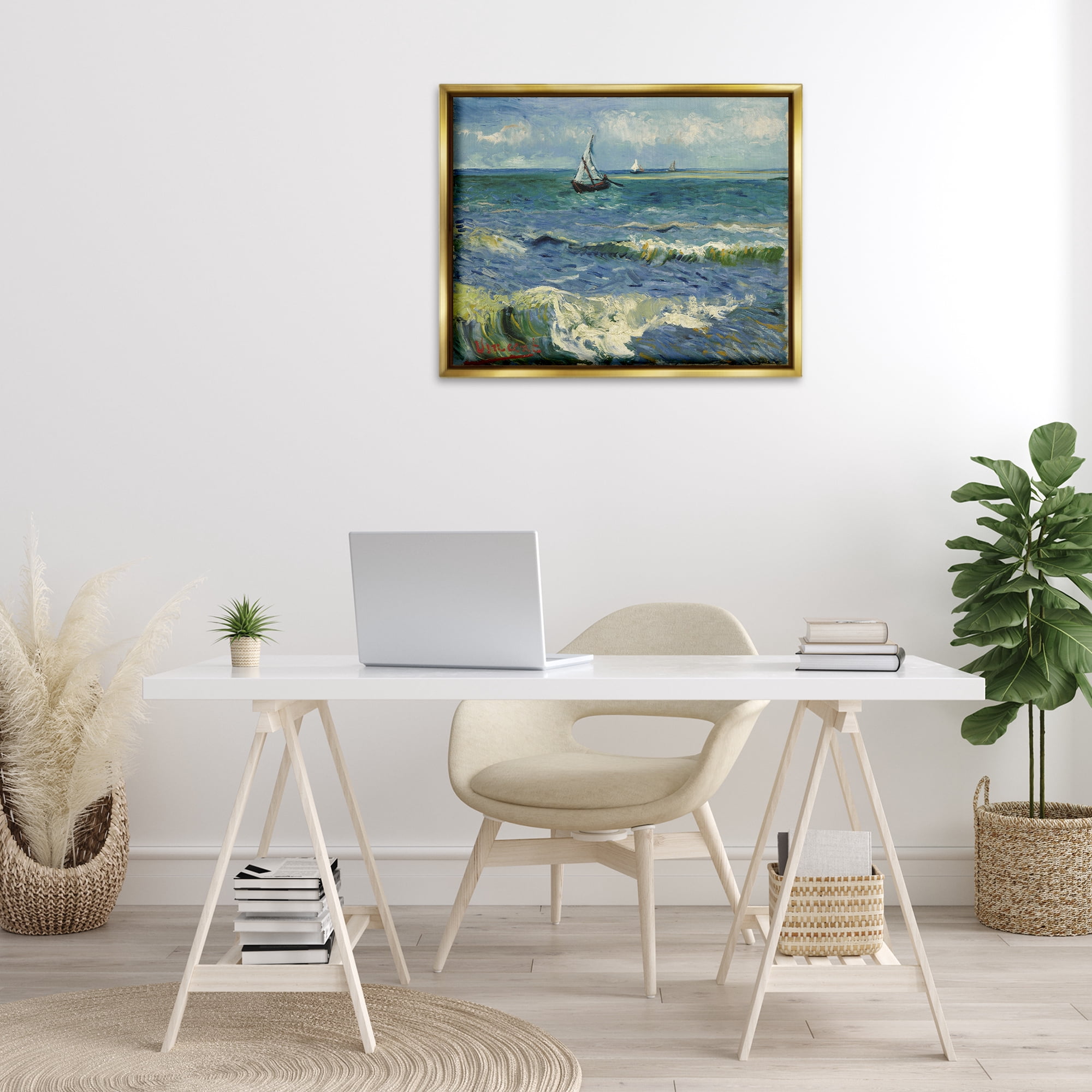 Stupell Industries Classical Seascape with Boat Nautical & Beach Painting Gold Floater Framed Canvas Art Print Wall Art, 31 x 25