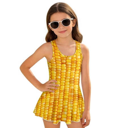 COEQINE Girls One Piece Bathing Suit Scoop U-Neck & V Back Playful Swimsuit with Attached Skirt Beach Swim Dress for Kids Age 5-6 Machine Washable Yellow Corn