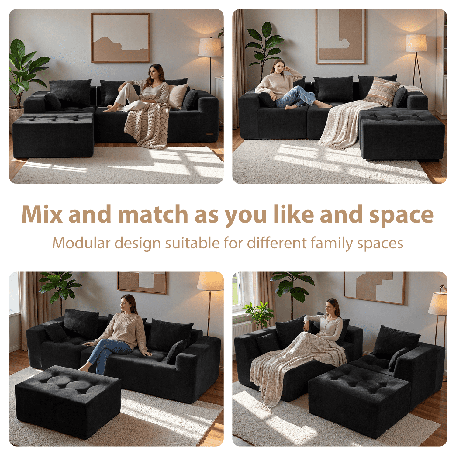 BYBYME Cloud Sectional Couch with L-Shape Chaise Modern Comfy Modular Chenille Sofa for Living Room,Tufted 4-Seat Sleeper Chair with 1 Ottoman,Sofa in A Box,No Assembly Required,Black