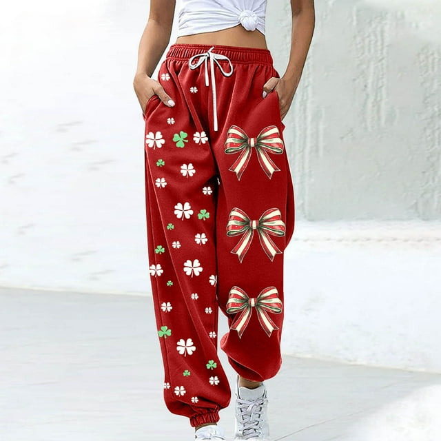 Pincandy Women's St. Patrick's Day Pants - Printed, Elastic Waist with Tie & Pockets, Cuffed Leg for Holiday & Daily Wear