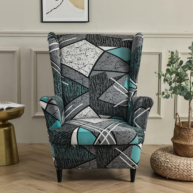 Wing Back Chair Covers with Arms Piece Slipcovers for Armchair Washable Stretch Print Pattern Wingback Chair Cover Furniture Protector Geometry