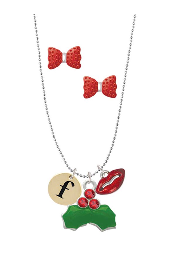 Goldtone Disc 1/2'' Initial - f - Christmas Kiss Charm Necklace and Stud Earrings