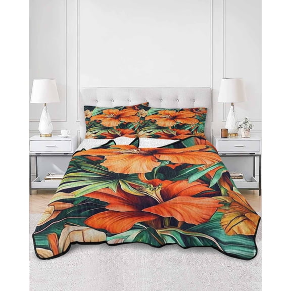 Quilts Full Size, Burnt Orange Floral Soft Comforter Bedding Set for Bed, Tropical Botanical Leaves Floral Lightweight Quilted Bedspread with Pillow Cover(2 Pieces) for All Season, 78x90 Inch