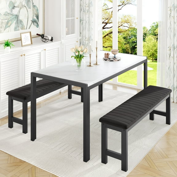 UHOMEPRO Dining Table Set for 4, Faux Marble Kitchen Table with 1 Table and 2 Black Velvet Cushion Benches, Dining Room Set for Small Spaces