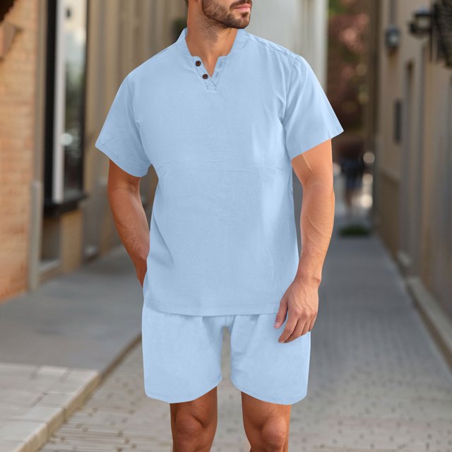 Handshe Men's Summer Solid Color Casual V - Neck Short - Sleeved & Shorts Set with Button Pockets