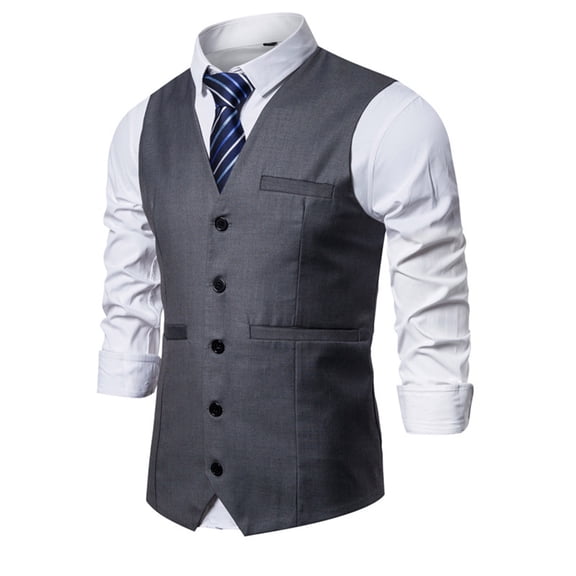 Handshe Men's Waistcoat, Solid Color Sleeveless V-Neck with Button Front and Pockets, Slim Fit for Business and Casual Wears