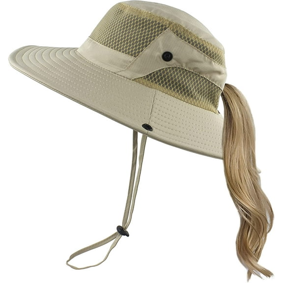 Muryobao Women Ponytail Sun Hat Summer UV Protection Cap Outdoor Waterpoor Foldable Mesh Wide Brim Bucket Hats for Beach Fishing Garden Khaki