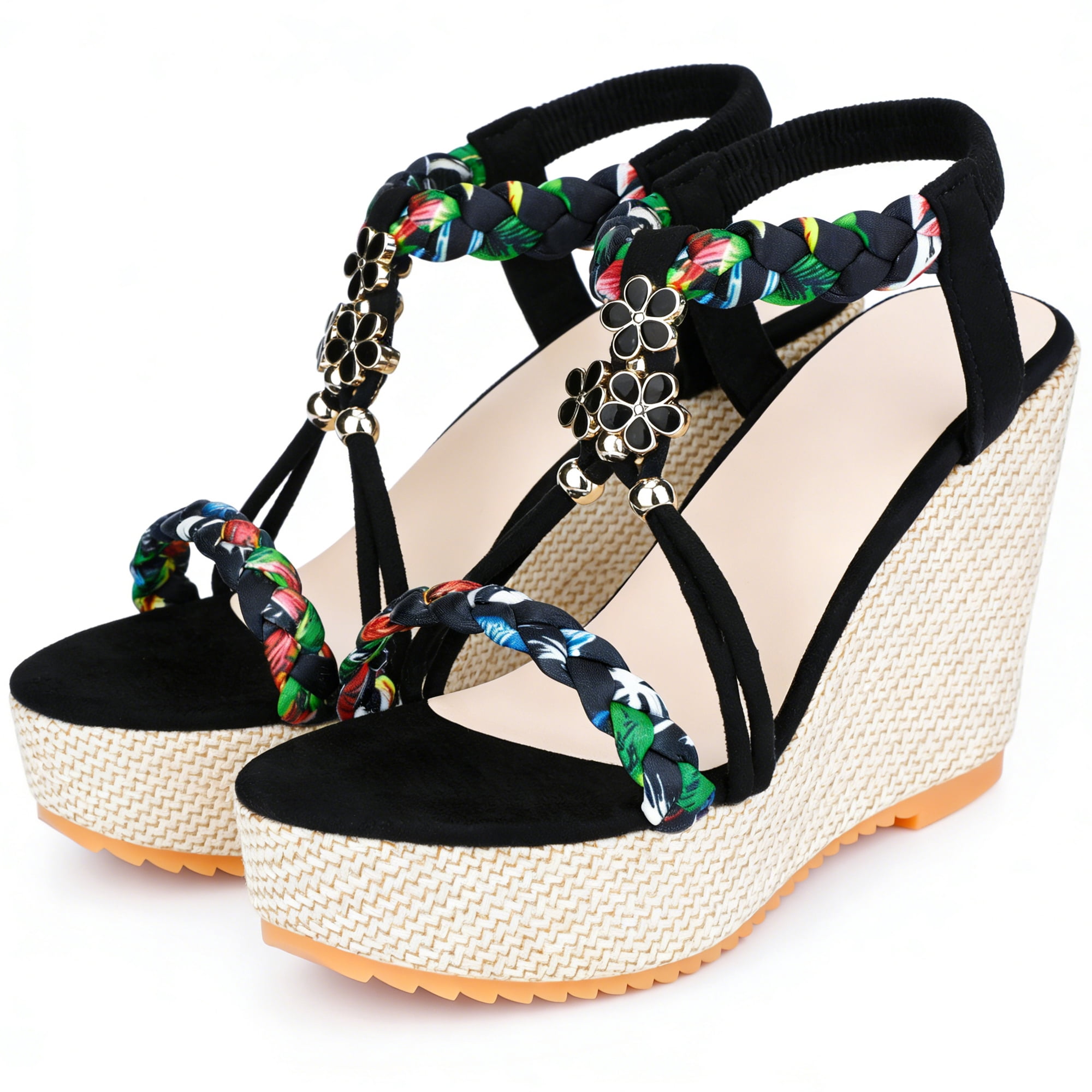 DARING DIVA Women's Stylish Bohemia Pull on Platform Wedge Heel Sandals Black-2 6