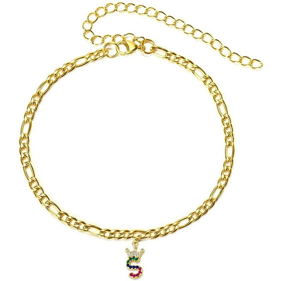 Giorgio Bergamo Stainless Steel Yellow Gold Plated 4mm Figaro Link Anklet, Rainbow Crown Initial A - Z Cubic Zirconia Letter Alphabet Ankle Bracelet Gold, S