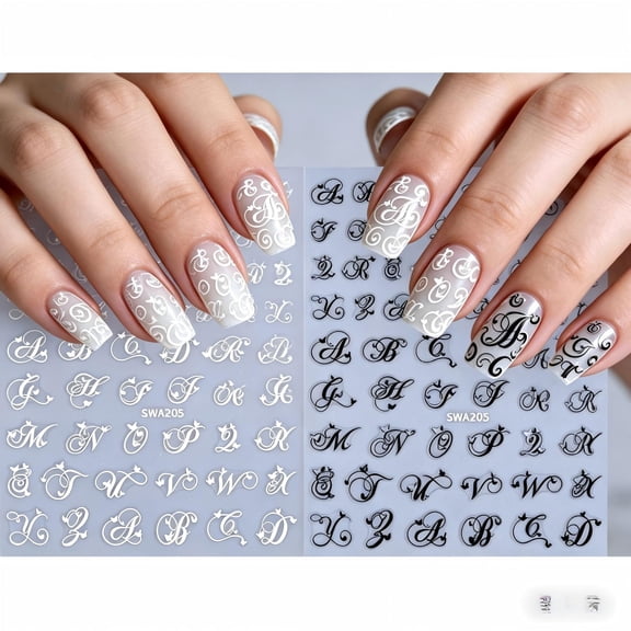 2PCS Alphabet Monogram Nail Art Stickers, Cursive Script Letter Nail Decals, Self-Adhesive for DIY Manicure, Nail Accessories for Women Girls