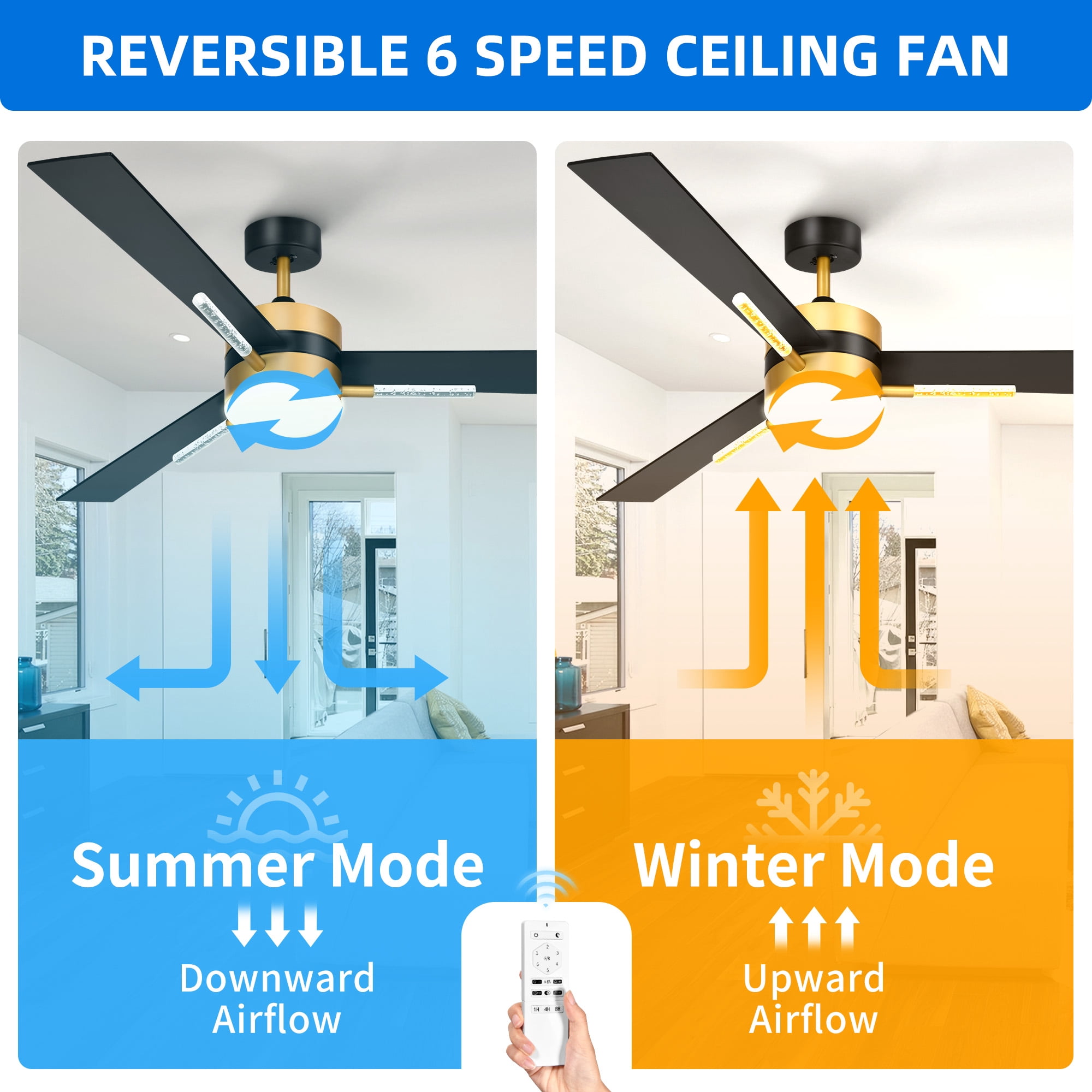 Dextrus 60in Black Ceiling Fan with Light and Remote Control, 3 Blades Modern Chandelier Ceiling Fan