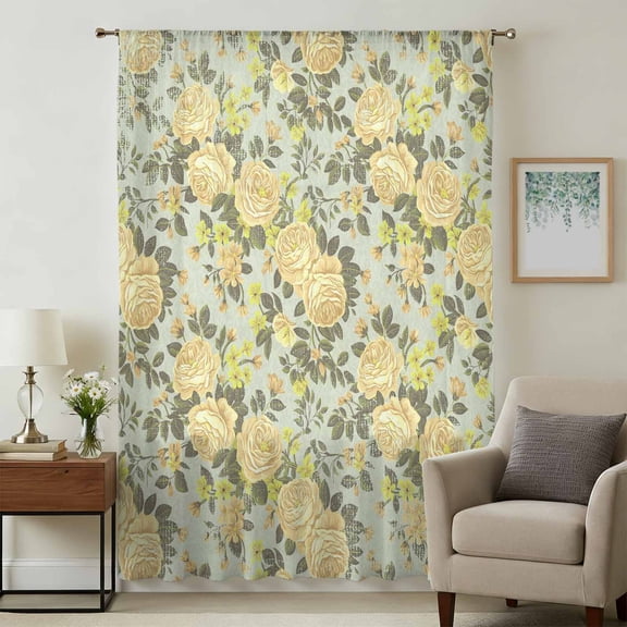Yellow Rose Sheer Curtains 108" Extra Long, Farmhouse Romantic Botanical Floral Flowers Light Filering Curtains, Privacy Drapes Simi Floor to Veiling Curtain for Living Room Bedroom Window Treatment